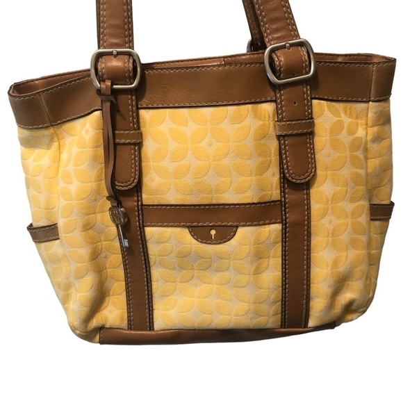 Fossil Marley Double Handle Shoulder Bag Shopper Yellow Canvas Leather 14X11 - Picture 5 of 14